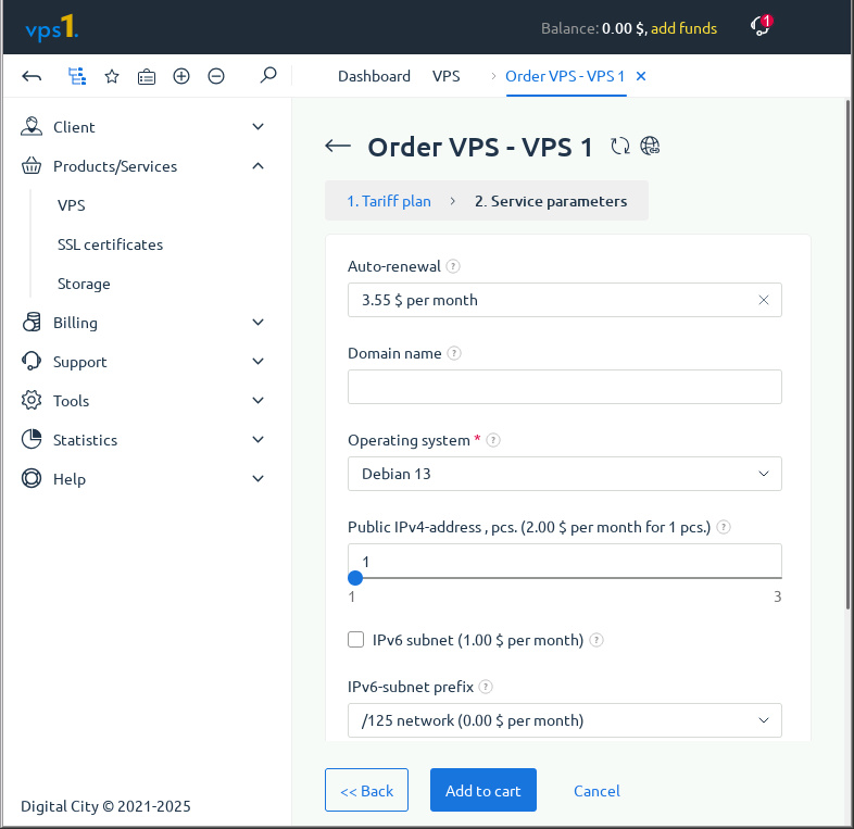 Tangkapan layar halaman pemesanan Vps1